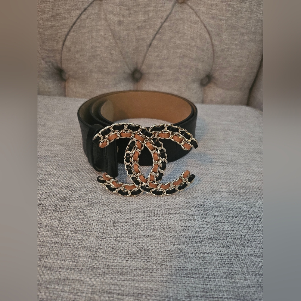 Chanel Black Leather Belt with Gold Chain Logo
